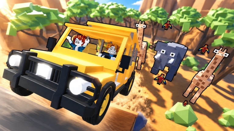 Film Animals Roblox safari crew filming wildlife from the bus